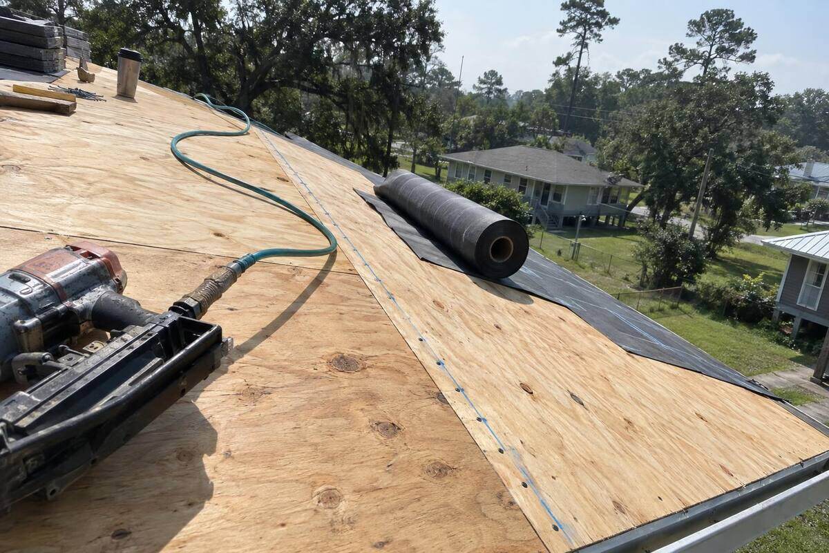 Roof decking panels with a straight row of nails along a chalk line and a roll of underlayment lying on the slope beside them