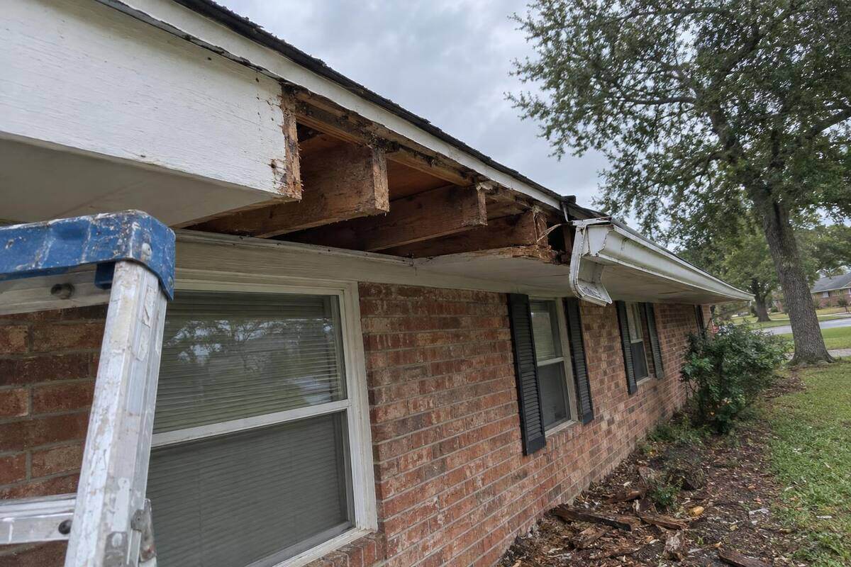 Section of white fascia board removed at a roof edge exposing rafter tails and soffit framing, with a sagging gutter end hanging beside it