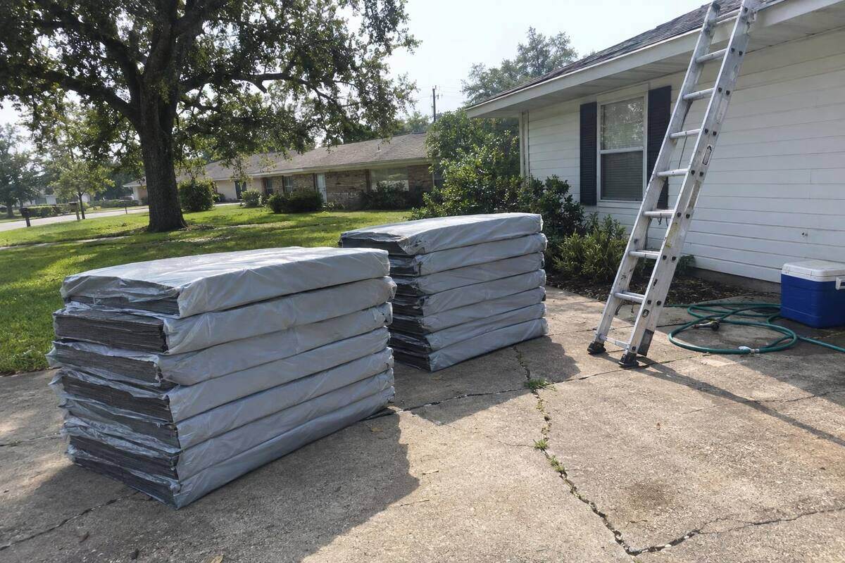 Bundles of gray architectural shingles stacked on a concrete driveway beside an extension ladder leaning on a single-story house